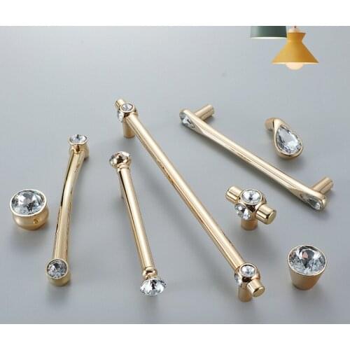 Luxury Crystal Solid Zinc Alloy Golden Cabinet Handles Kitchen Cupboard Wardrobe Door Pulls Furniture Hardware Gold Knobs