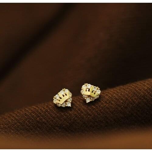 14K Solid Gold heart Crown Crystal Dainty Stud Earrings Jewelry Minimal Style bridal shower bridesmaid Victorian Vintage retro