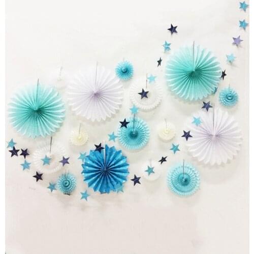 Blue&White Paper Decoration Set Assorted Paper Pinwheels Star Garland Dots Fan Banner for Birthday Wedding Showers Stage Setting