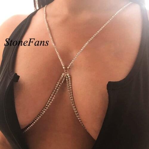 Stonefans Rhinestone Luxury Cross Bra Chains for Women Jewelry Sexy Swimsuit Rave Biniki Crystal Harness Accessories Body Chains