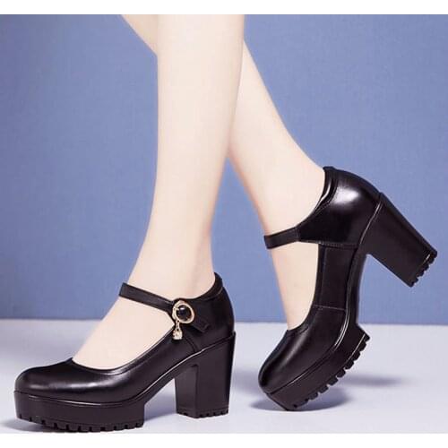 LIHUAMAO Fashion women square heel Mary Jane shoes platform round toe ankle strap high heel pumps uniform office lady shoes