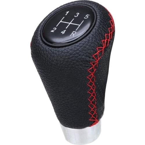 Universal 5 Speed Shift Knob Leather Red Stitch Car Gear Stick Shift Knob Lever Shift Knob Head Kit with Hoses Screws