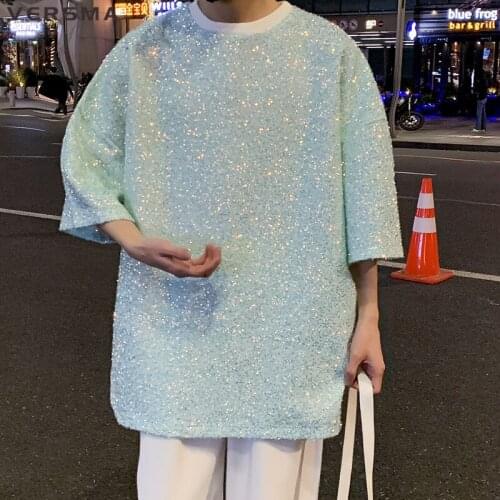 VERSMA Korean Chic Vintage Sequined Reflective T-shirt Men Women Summer Oversized Short Sleeve Unisex Tee Shirt Men Dropshipping