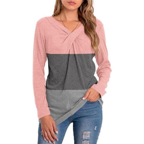 Casual Women T Shirt Short Sleeve Fashion Patchwork Clothes V-Neck Striped Stitching Contrast Color Casual Pullover Long Sleeve