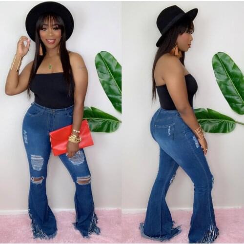 Casual Ripped Denim Jeans pants hole flare tassel Pants Streetwear High Waist Pants jeans for women femme Blue color