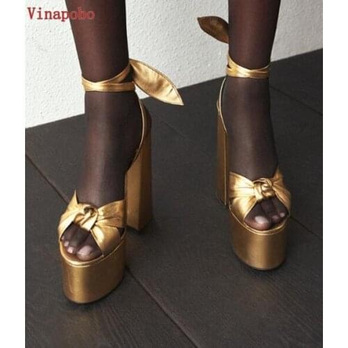 Sexy Peep Toe Bowknot Thick Heels Sandal Lace up Platform Chunky High Heel Party Shoes Woman Summer Gold Leather Dress Heels