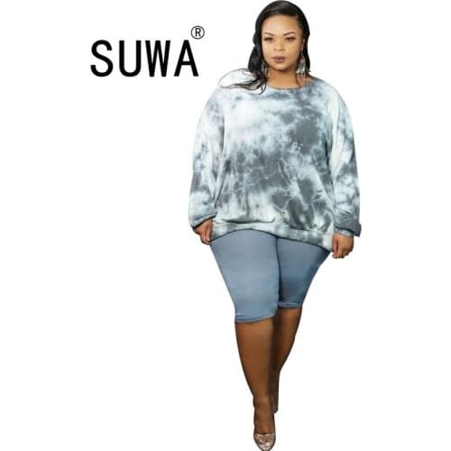 Plus Size Women Fashionable Tie-dye Printing Loose Pullover Hot Selling Ladys O-neck Full Sleeve T-Shirts 2020 Fall Winter