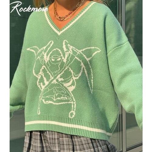 Rockmore Knitted Print V Neck Sweaters Women Baggy Y2K Preppy Style Jumpers Aesthetic Long Sleeve Cardigans Streetwear Oversize