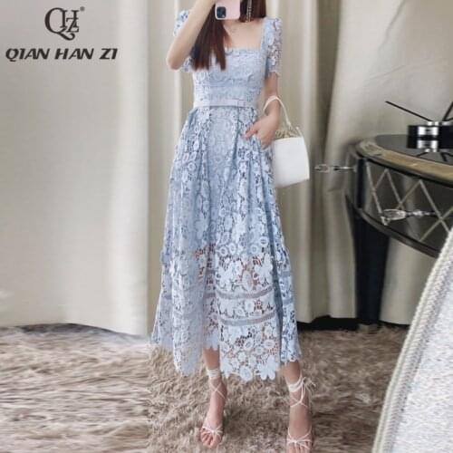 Qian Han Zi summer fashion lace dress Women Elegant Three-dimensional decoration embroidered hollow applique slim Mid-Calf dress