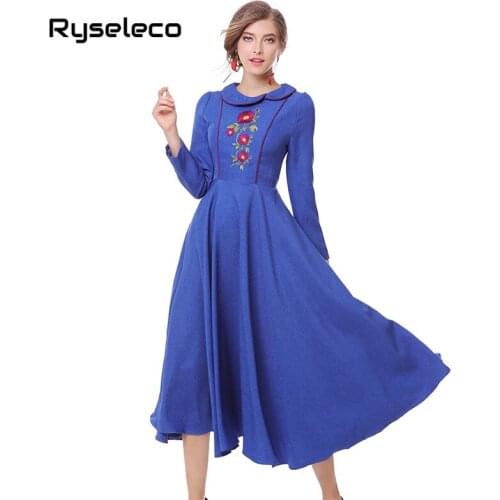 Vintage Long Sleeves Floral Embroidery Women Flare Dress Elegant A-Line Peter Pan Collar Large Hem Casual Swing Midi Basic Dress