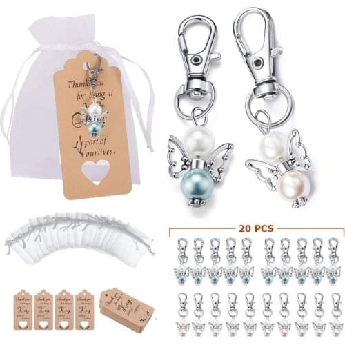 20pcs Angel Keychain Pendant Set Wedding Party Mesh Storage Pouch Key Rings Angel Wing Pendant Hanging Tag Cards Key Holder Gift