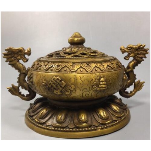 6.8”rare China antique Daming brass Shuanglong Eight treasures Incense burner
