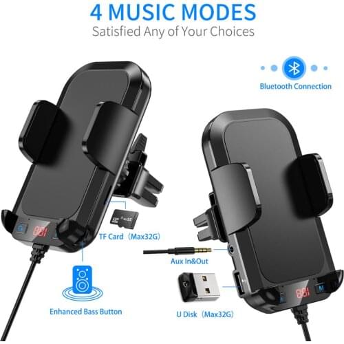 Car Air Vent FM Transmitter Bluetooth 5.0 Handsfree Lossless MP3 Player Support TF U Disk QC3.0 Quick Charger with Phone Holder