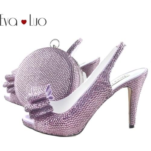 BS924 Custom Handmade Lavender Crystal Bow Slingbacks Shoes with Matching Bag High Heels Women Shoes Bridal wedding Shoes