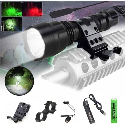 C8 White/Green/Red Tactical 5000lm XM-L T6 LED Flashlight Hunting Torch 18650 Battery Mount Rifle Gun Rail Outdoor Lantern