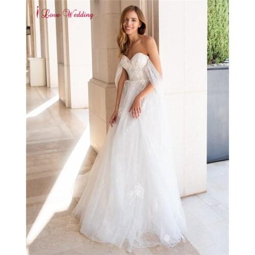 Fairy Floral Beaded Pleats Boho Wedding Dress Off Shoulder Removable Long Sleeve Sweetheart Backless Tulle Bridal Gown 2021