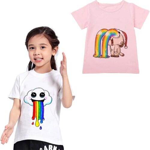 New Novelty Children cat Spit Rainbow Pattern Casual White Short Sleeve Boy T-Shirt Cute Animal 24M- 9T Year Old Girls Clothes