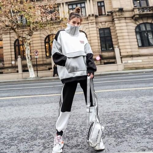 Two-piece Autumn and Winter Suit Womens New Casual Sportswear Korean Fashion Thickening Plus Velvet Sweater Two-piece Suit