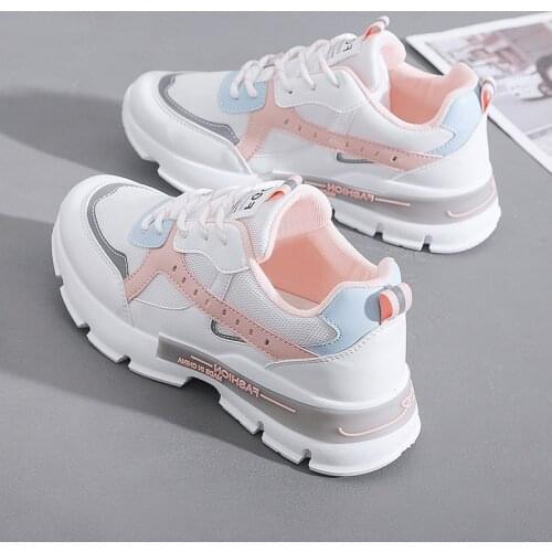 Reflective Platform Sneakers Women Shoes Korean Thick Sole White Chunky Sneakers Leather Breathable Casual Vulcanize Shoe