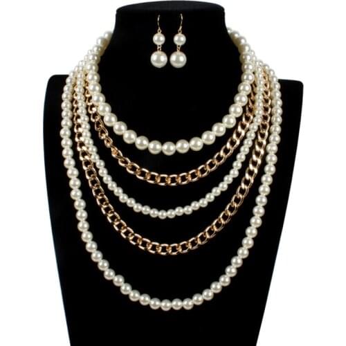 Fashion Jewelry Women Sets Multi-Layer Golden Chain Simulation Pearls Pendants Choker Statement Pearl Necklace Earrings Sets
