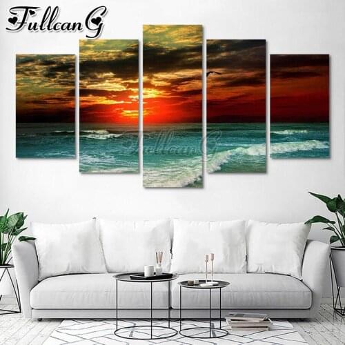 FULLCANG Calm sea landscape 5 piece diy diamond painting large full square round drill mosaic embroidery multi-picture FC3068