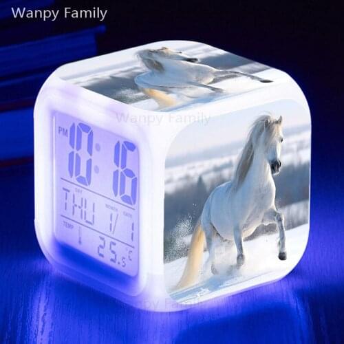 2021 New White Horse Alarm Clock Glowing LED Color Changing Digital Alarm Clock For Kids Birthday Gifts Cartoon Toys Clock