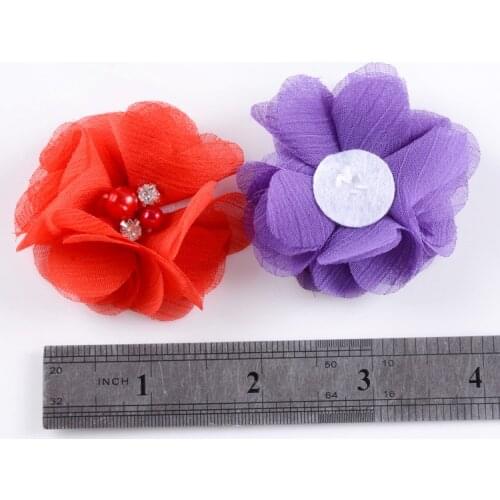 Cute 2.2" 14pcs/lot Chiffon Fabric Flowers with Pearl Rhinestone for Girl Headband Hair Clips Diy Headwear Hair Accessories