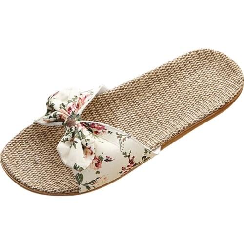 Portable Casual Soft Flat Slippers Fashion Women Female Bohemia Bowknot Flax Linen Flip Flops Beach Shoes Sandals Slipper