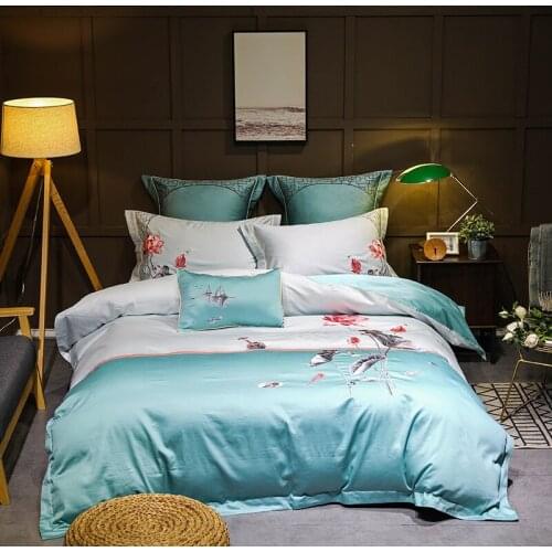 Embroidery luxury Egyptian velvet cotton satin large 4/6 bedding bed linen down quilt pillowcase blue