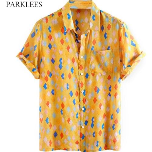 Colorful Small Cube Printed Shirts for Men Fashion Casual Chemise Homme Hawaiian Beach Holiday Summer Mens Short Sleeve Shirt