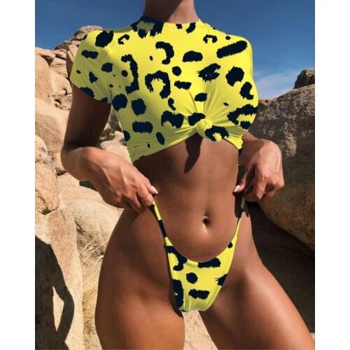 Sexy Half Sleeve Bikini with Bow Split Swimsuit sport bikini Swimwear Bath Suit Women Biquini Pad Beach Wear High Waist Bikini
