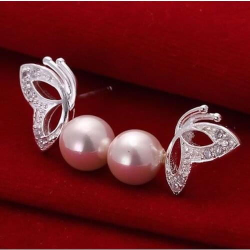 E017 Wholesale 925 sterling silver earrings , 925 silver fashion jewelry , Pearl Butterfly Pink Earrings E017 /aknajbua dvwamnda
