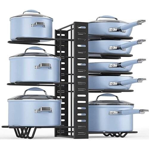 8 Tiers 3 DIY Methods Pot Pan Rack Metal Kitchen Storage Rack Cookware Pot Lid Holder with Adjustable Dividers Kitchen Organizer