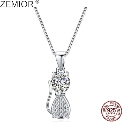 ZEMIOR 925 Sterling Silver Girl Pendant Necklaces Cute Cat With Cubic Zirconia Necklace For Women Anniversary Fine Jewelry New
