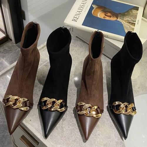 Women Fashion Boots 2021 Spring Autumn Pointed Toe Metal Shoes Female Thin Heels British Style Ankle Boots Ladies Heels Shoes