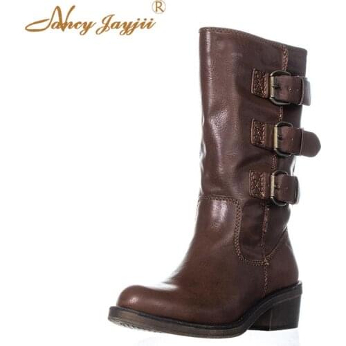 Female Med-Calf Boots Ladies Adult Shoes Med Square heels Round Toe Slip-On Buckle Winter Mature Elegant Fashion Basic 2019