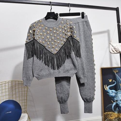 Women Autumn New Fashion Beading Tassel Loose Long sleeve Knitted Pullover + Knit Pants Two Piece Set Women Outfits Tide G489