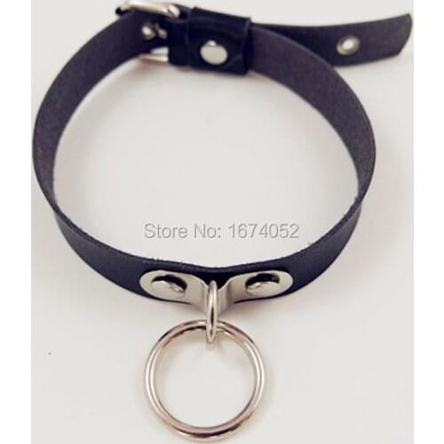 Fashion Women Girl Punk Harajuku Lolita Cosplay Black Handmade Leather Choker Hanging O Round Circle Collar Necklace