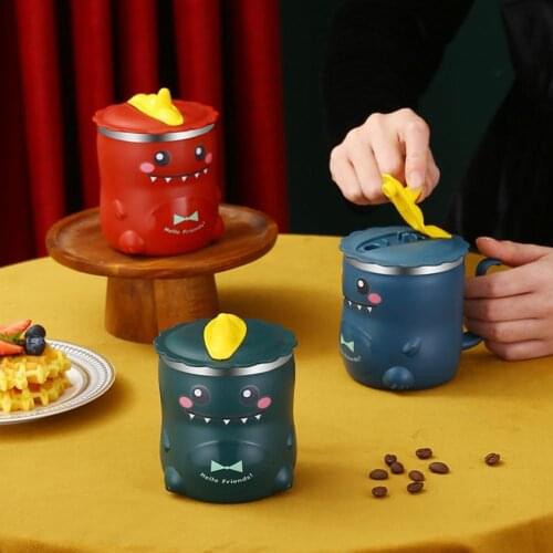 2021 Hot Sale Durable Children Water Cup with Handle Cartoon Design Stainless Steel Kids Straw Drinking Mug for Home