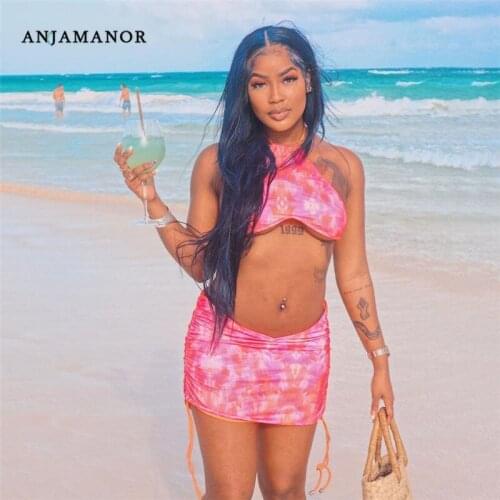 ANJAMANOR Pink Two Piece Set Mini Skirts Crop Top Sexy Vacation Outfits Beach Wear Summer 2021 Short Dress Sets D96-BG14