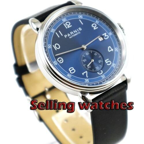 Mens Watch Parnis 42mm Top Brand Mechanical Man Watch Blue Dial Silver Watch Case Blue Dial Date Leather Automatic Male Watch