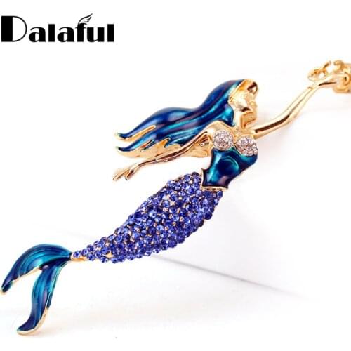 Dalaful Mermaid Sea-maid Key Chains Rings Holder Enamel Crystal Purse Bag Buckle Pendant For Car Keyrings KeyChains K270