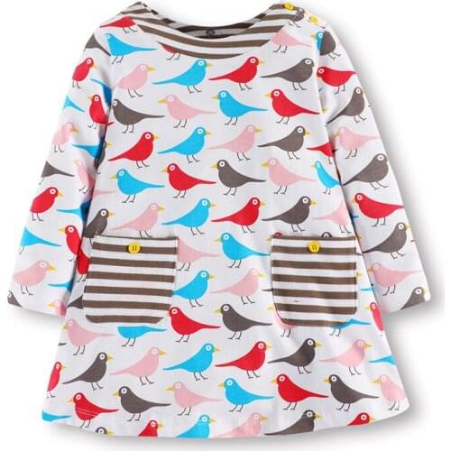 Little Bitty New Spring Autumn Kids White Colorful Birds Printed O-neck Girls Pocket 2-11yrs Full-sleeved Cotton Knitted Dresses