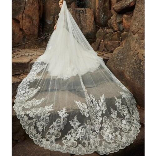 400CM Long Ivory Wedding Veil with Lace Appliques One Layer Vestido De Noiva Longo Custom Made Bridal Veil