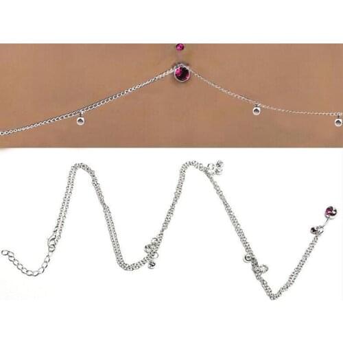 Rhinestone Crystal Bar Waist Chain Stainless Steel Pendant Piercing Belly Barbell Navel Ring With Waist Chain 2 Colors