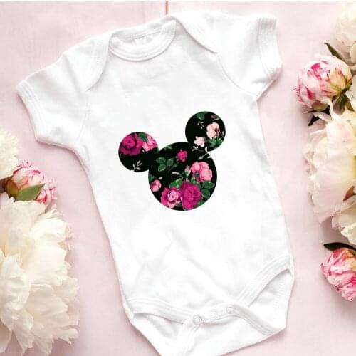 Summer Fashion Mickey Mouse Head Rose Newborn Clothes Graphic Baby Girl Boy Tops Base O-neck Funny Infant Romper