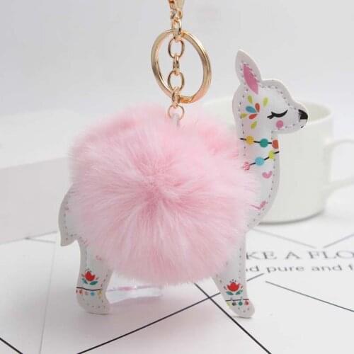 Hot New Fluffy Fur Ball Cute Alpaca Keychain Metal Leather Animal Artificial Rabbit Fur Pompom Keyring Charm Women Jewelry Gift