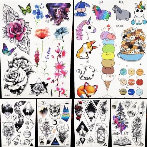 Cute Kid Cartoon Face Tattoo Stickers Women Temporary Tattoo Flower Totem Men Body Arm Geometric Waterproof Tatto Children