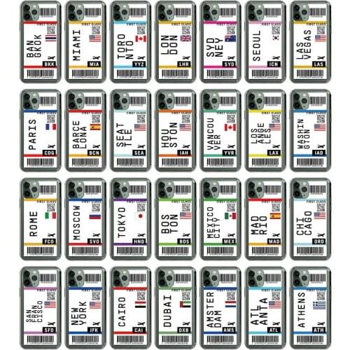 Fashion World City First Class travel ticket label Phone Case For iPhone 12 11 Pro XS MAX 7 XR X 8 6 Plus Clear Cover Fundas