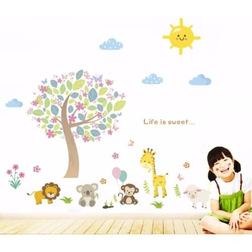 Cartoon Quote Life Is Sweet Tree Flower sun animal Wall Decals Stickers Living Room Kids Room Wall Mural Art Posters Home Decor